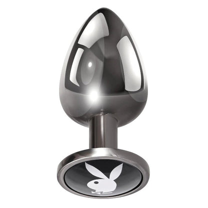 Plug anal PLAYBOY Tux - Large, din aluminiu, bază cu logo Playboy, lungime 9.5 cm, diametru 3.9 cm (mărime L), argintiu