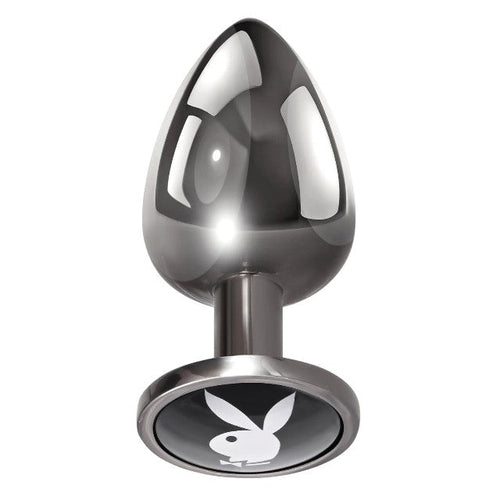 Plug anal PLAYBOY Tux - Large, din aluminiu, bază cu logo Playboy, lungime 9.5 cm, diametru 3.9 cm (mărime L), argintiu