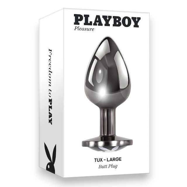 Plug anal PLAYBOY Tux - Large, din aluminiu, bază cu logo Playboy, lungime 9.5 cm, diametru 3.9 cm (mărime L), argintiu