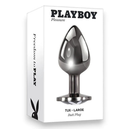 Plug anal PLAYBOY Tux - Large, din aluminiu, bază cu logo Playboy, lungime 9.5 cm, diametru 3.9 cm (mărime L), argintiu