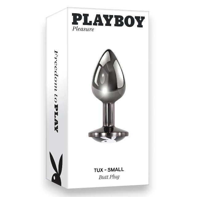 Plug anal PLAYBOY Tux - Small, din aluminiu, bază cu logo Playboy, lungime 7.3 cm, diametru 2.7 cm (mărime S), argintiu