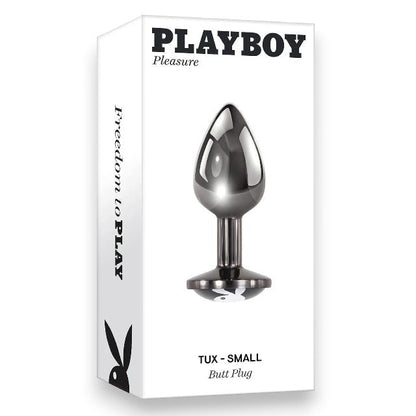 Plug anal PLAYBOY Tux - Small, din aluminiu, bază cu logo Playboy, lungime 7.3 cm, diametru 2.7 cm (mărime S), argintiu