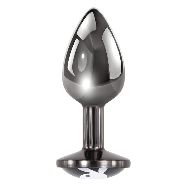 Plug anal PLAYBOY Tux - Small, din aluminiu, bază cu logo Playboy, lungime 7.3 cm, diametru 2.7 cm (mărime S), argintiu