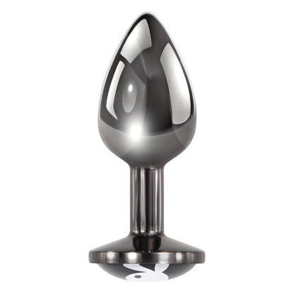 Plug anal PLAYBOY Tux - Small, din aluminiu, bază cu logo Playboy, lungime 7.3 cm, diametru 2.7 cm (mărime S), argintiu