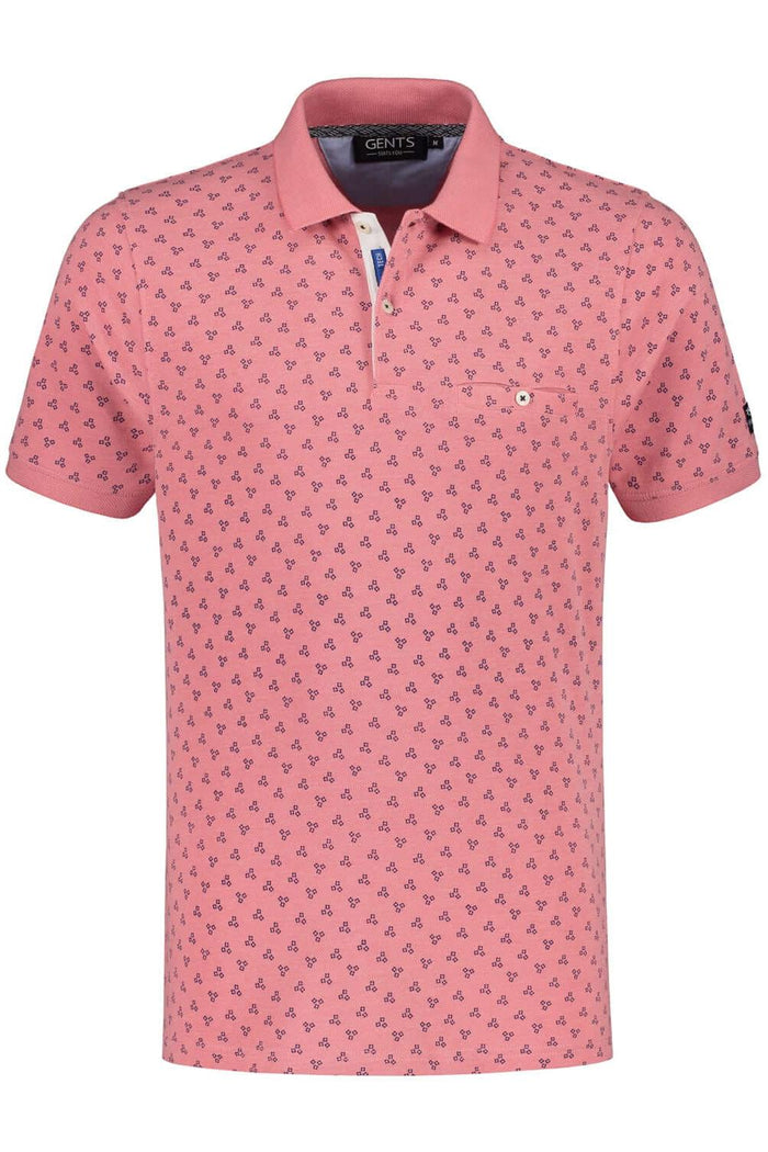 Koraalkleurige polo met miniprint en katoen, Polo miniprint koraal, zacht en ademend.