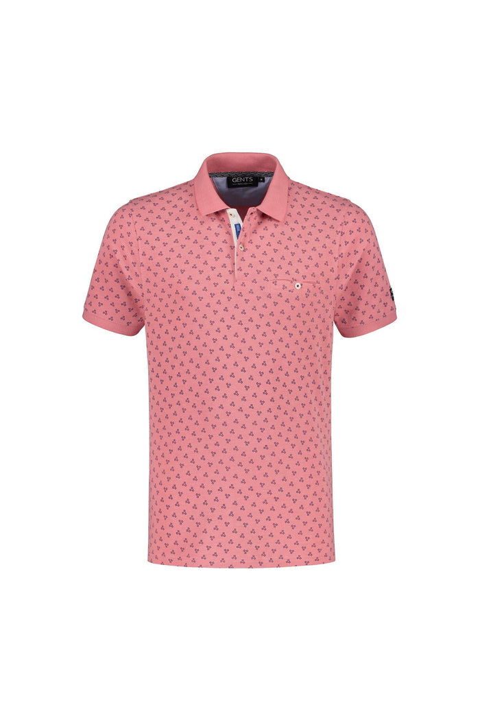 Koraalkleurige polo met miniprint, zacht en ademend, Polo miniprint koraal.