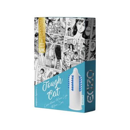 Prezervativ stimulator EGZO Tough Cat Blue - Medium, cu texturi proeminente, din latex, diametru 52 mm, 1 buc