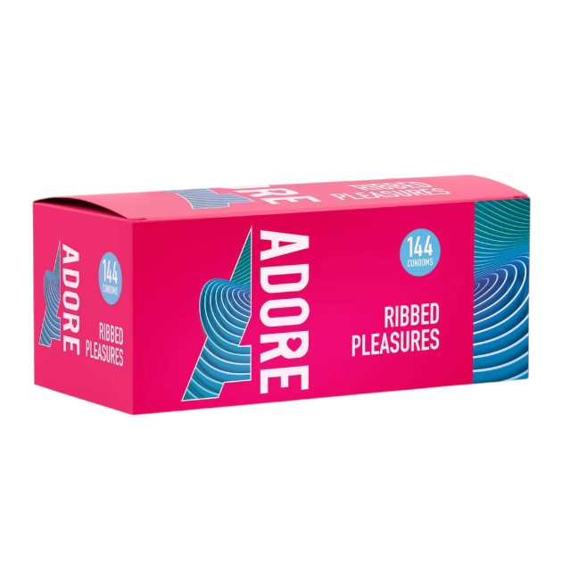 Prezervative ADORE Ribbed Pleasure, cu nervuri reliefate pe lungime, din latex, lubrifiate, 52 ± 2 mm, 144 buc