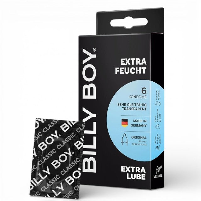 Prezervative BILLY BOY Extra Lube, din latex natural, extra-lubrifiate și rezistente, 52 mm, culoare transparent, 6 buc