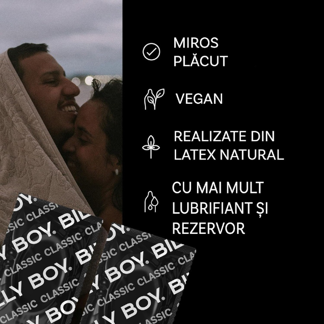Prezervative BILLY BOY Extra Lube, din latex natural, extra-lubrifiate și rezistente, 52 mm, culoare transparent, 6 buc