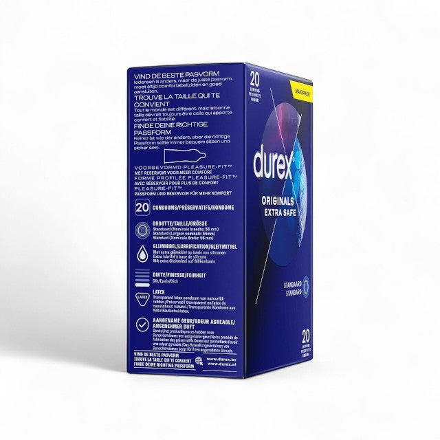Prezervative clasice Durex Originals Extra Safe, lubrifiate si rezistente, 56 mm, 1 cutie x 20 buc