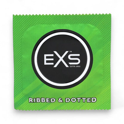 Prezervative EXS Ribbed & Dotted Condoms, texturate, subțiri și rezistente, diametru 56 mm, 12 bucăți