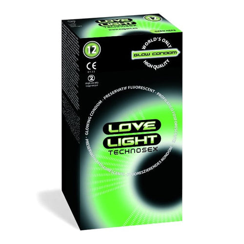 Prezervative LOVE LIGHT TECHNOSEX Glow, din latex, lubrifiate, fosforescente, diametru 52 mm, 12 buc