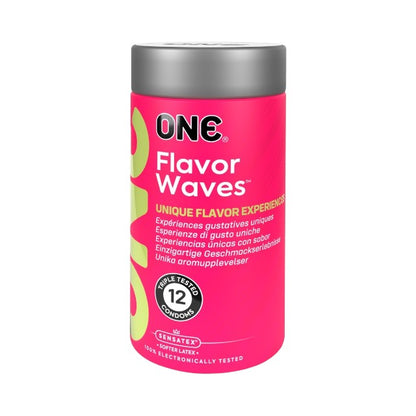 Prezervative ONE Flavor Waves, din latex Sensatex, lubrifiate, rezistente, cu 6 arome diferite, diametru 53 mm, 12 buc