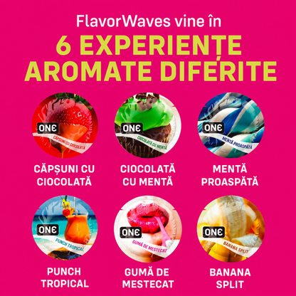 Prezervative ONE Flavor Waves, din latex Sensatex, lubrifiate, rezistente, cu 6 arome diferite, diametru 53 mm, 12 buc