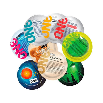 Prezervative ONE Mixed Pleasures, din latex Sensatex, set cu 6 tipuri de prezervative, diametru 53 mm, 12 buc