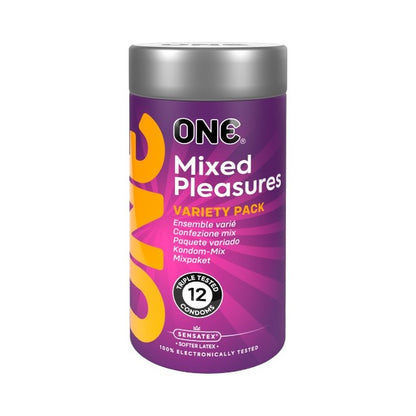 Prezervative ONE Mixed Pleasures, din latex Sensatex, set cu 6 tipuri de prezervative, diametru 53 mm, 12 buc
