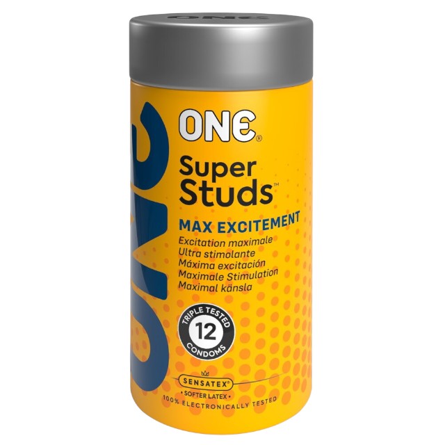 Prezervative ONE Super Studs, cu bile, din latex Sensatex, lubrifiate, diametru 53 mm, 12 buc