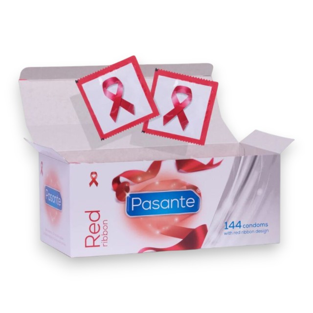 Prezervative PASANTE Red Ribbon, lubrifiate, diametru 54 mm, ambalaj cu fundă roșie, 144 bucăți