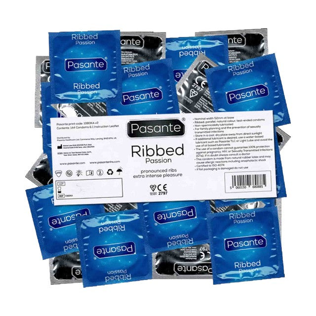 Prezervative PASANTE Ribbed Passion, din latex, texturate și rezistente, diametru 52 mm, 144 bucăți