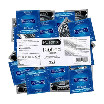 Prezervative PASANTE Ribbed Passion, din latex, texturate și rezistente, diametru 52 mm, 144 bucăți