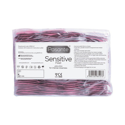 Prezervative PASANTE Sensitive Feel, din latex, ultra-subțiri și rezistente, diametru 52 mm, 144 bucăți
