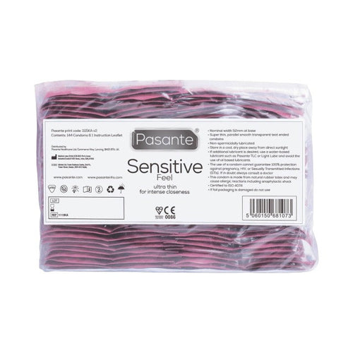 Prezervative PASANTE Sensitive Feel, din latex, ultra-subțiri și rezistente, diametru 52 mm, 144 bucăți