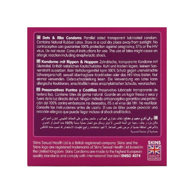 Prezervative SKINS Dots & Ribs Premium Condoms, texturate pentru stimulare intensă, din latex, 4 bucăți