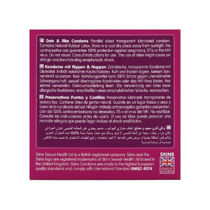 Prezervative SKINS Dots & Ribs Premium Condoms, texturate pentru stimulare intensă, din latex, 4 bucăți