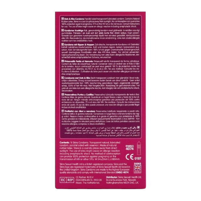 Prezervative SKINS Dots & Ribs Premium Condoms, texturate pentru stimulare intensă, din latex, 16 bucăți