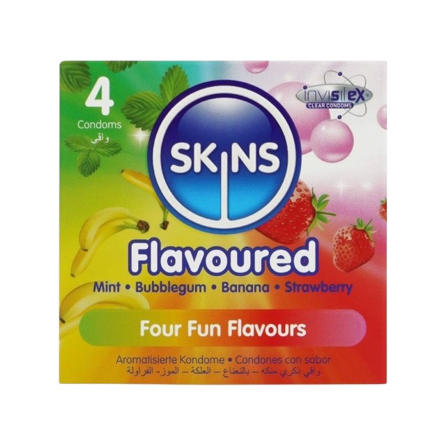 Prezervative SKINS Flavoured, cu 4 arome (banană, mentă, căpșuni și bubblegum), din latex, 4 bucăți