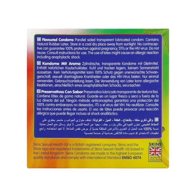 Prezervative SKINS Flavoured, cu 4 arome (banană, mentă, căpșuni și bubblegum), din latex, 4 bucăți