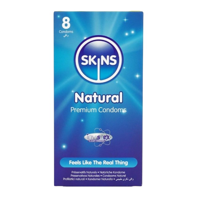 Prezervative SKINS Natural Premium Condoms, din latex ultra-subțire și rezistent, transparente, 8 bucăți
