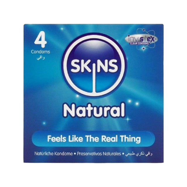Prezervative SKINS Natural Premium Condoms, din latex ultra-subțire și rezistent, transparente, 4 bucăți