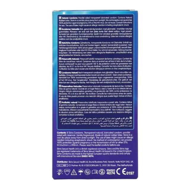 Prezervative SKINS Natural Premium Condoms, din latex ultra-subțire și rezistent, transparente, 8 bucăți