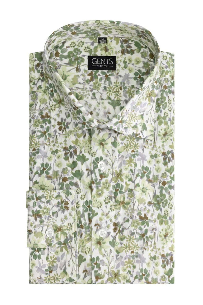Print bloem groen overhemd met bloemenprint, klassieke kraag en knoopsluiting.