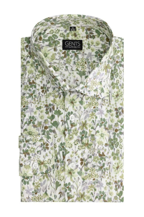 Print bloem groen overhemd met bloemenprint, klassieke kraag en knoopsluiting.
