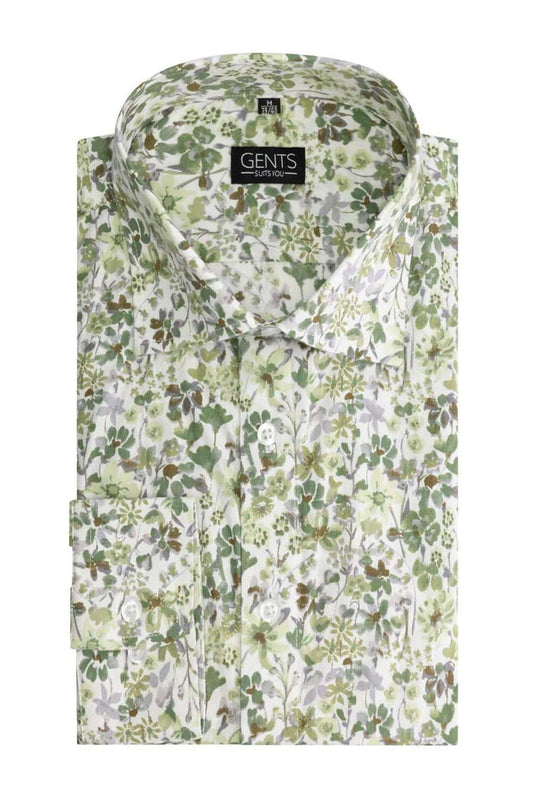 Print bloem groen overhemd met bloemenprint, klassieke kraag en knoopsluiting.