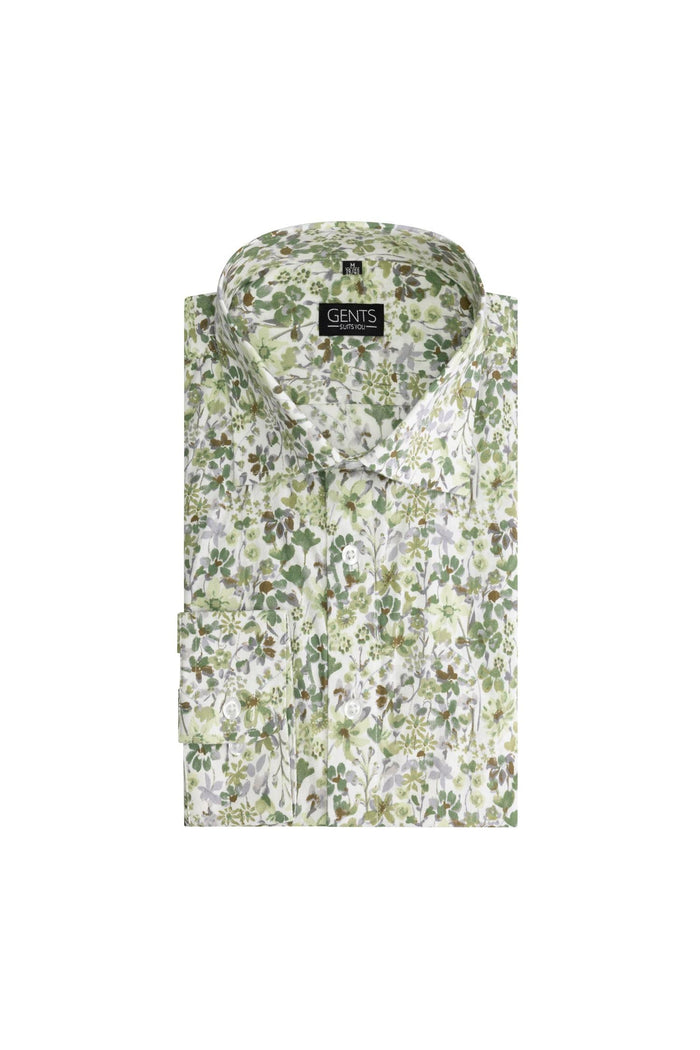 Print bloem groen: groen overhemd met bloemenprint, klassieke kraag en knoopsluiting.