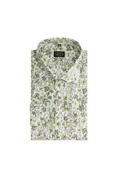 Print bloem groen: groen overhemd met bloemenprint, klassieke kraag en knoopsluiting.