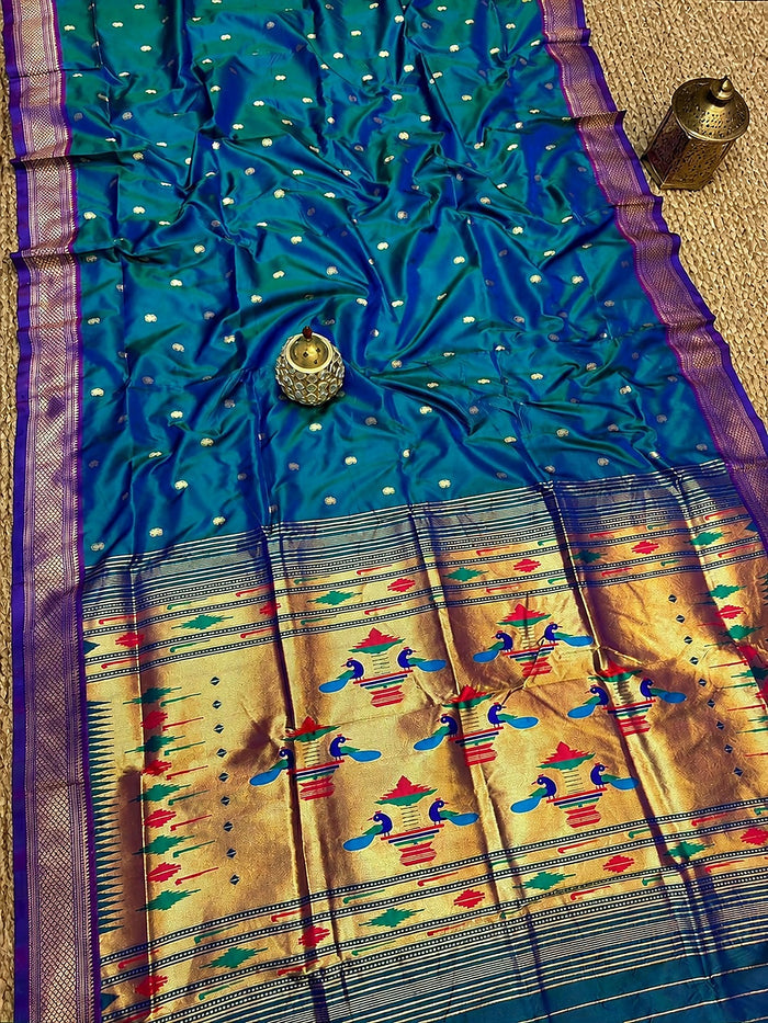 Indiehaat | Double Pallu Paithani Silk Saree Blue