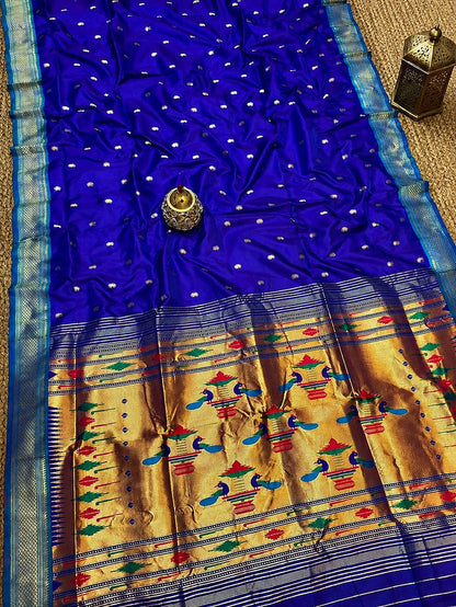 Indiehaat | Double Pallu Paithani Silk Saree Blue