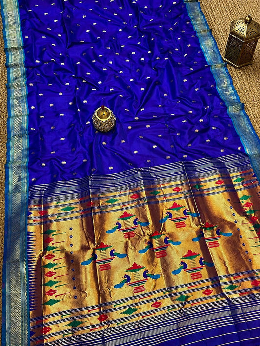Indiehaat | Double Pallu Paithani Silk Saree Blue