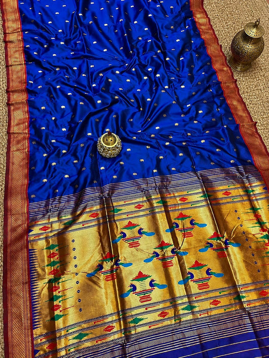 Indiehaat | Double Pallu Paithani Silk Saree Blue