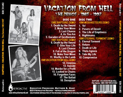 RAPTURE - VACATION FROM HELL: The Demos 1985-1997 (2-CD Set, 2019, Retroactive) Elite THRASH!