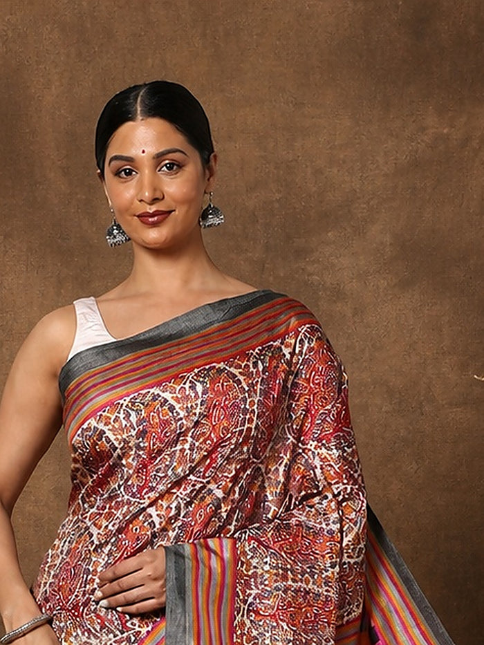 Indiehaat | Kashmiri Silk Printed Saree Red & Brown
