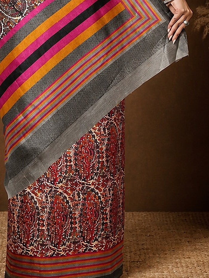 Indiehaat | Kashmiri Silk Printed Saree Red & Brown