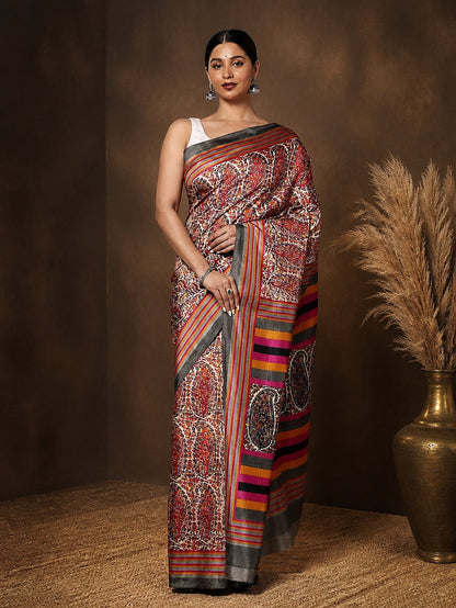 Indiehaat | Kashmiri Silk Printed Saree Red & Brown