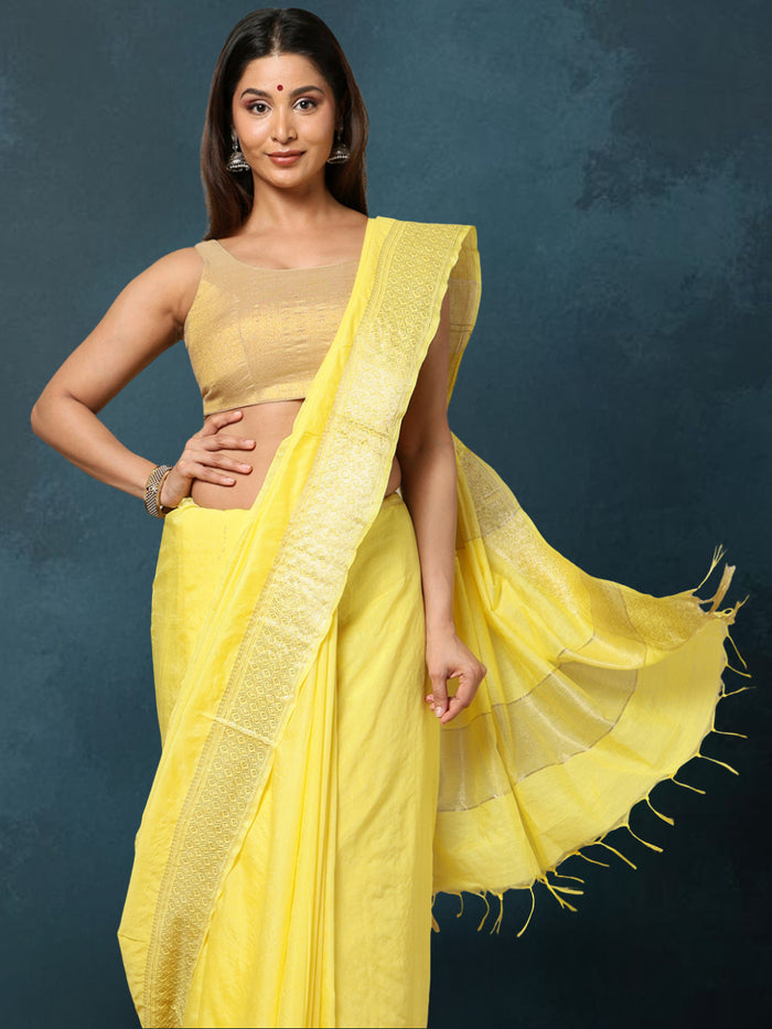 Indiehaat | Kota Banarasi Silk Hand Dyed Saree Yellow