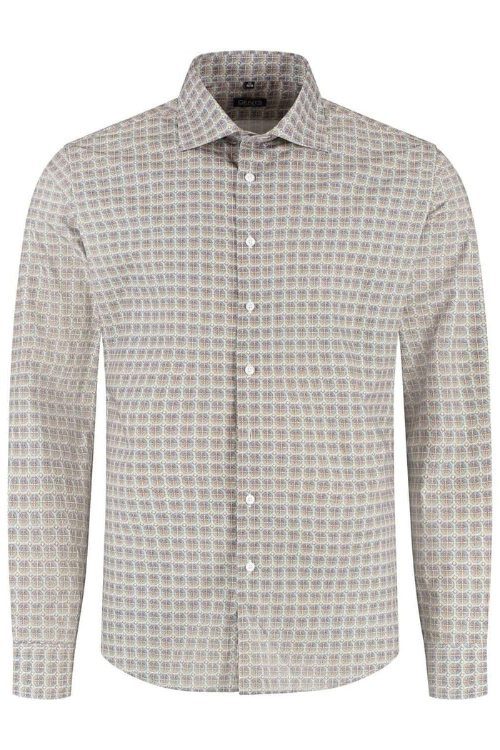 Retroprint beige-blauw ademend katoenen overhemd met retroprint in beige en blauw.